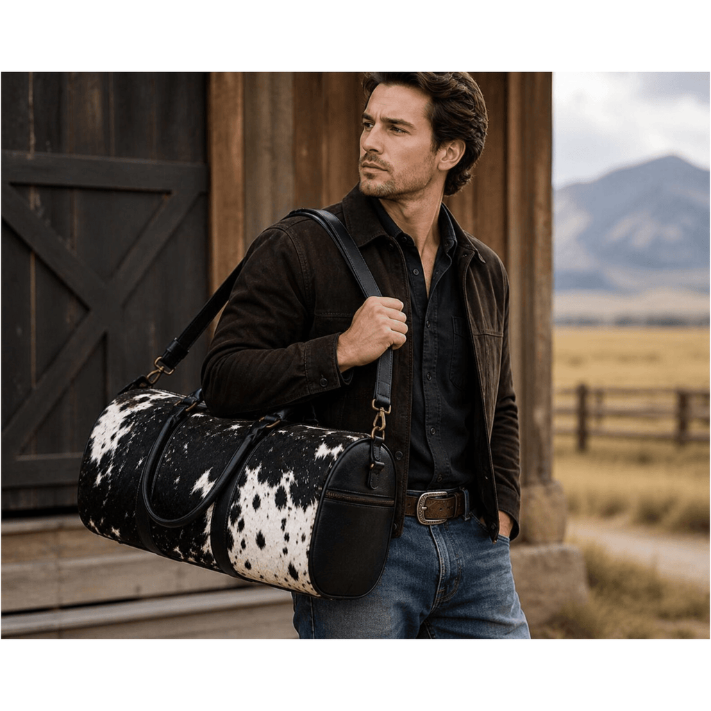 Handmade Cowhide Leather Duffle Bag – Hair On Hide Travel Weekender - The Leather Syndicate