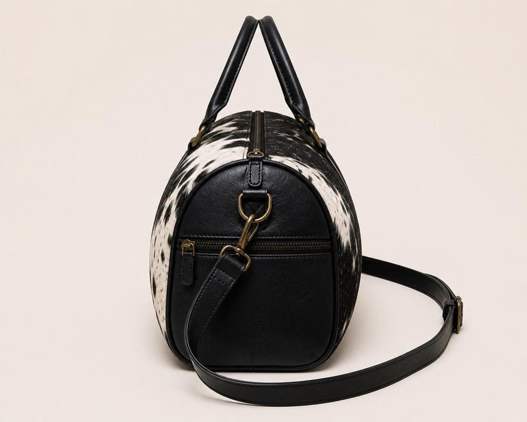 Handmade Cowhide Leather Duffle Bag – Hair On Hide Travel Weekender - The Leather Syndicate