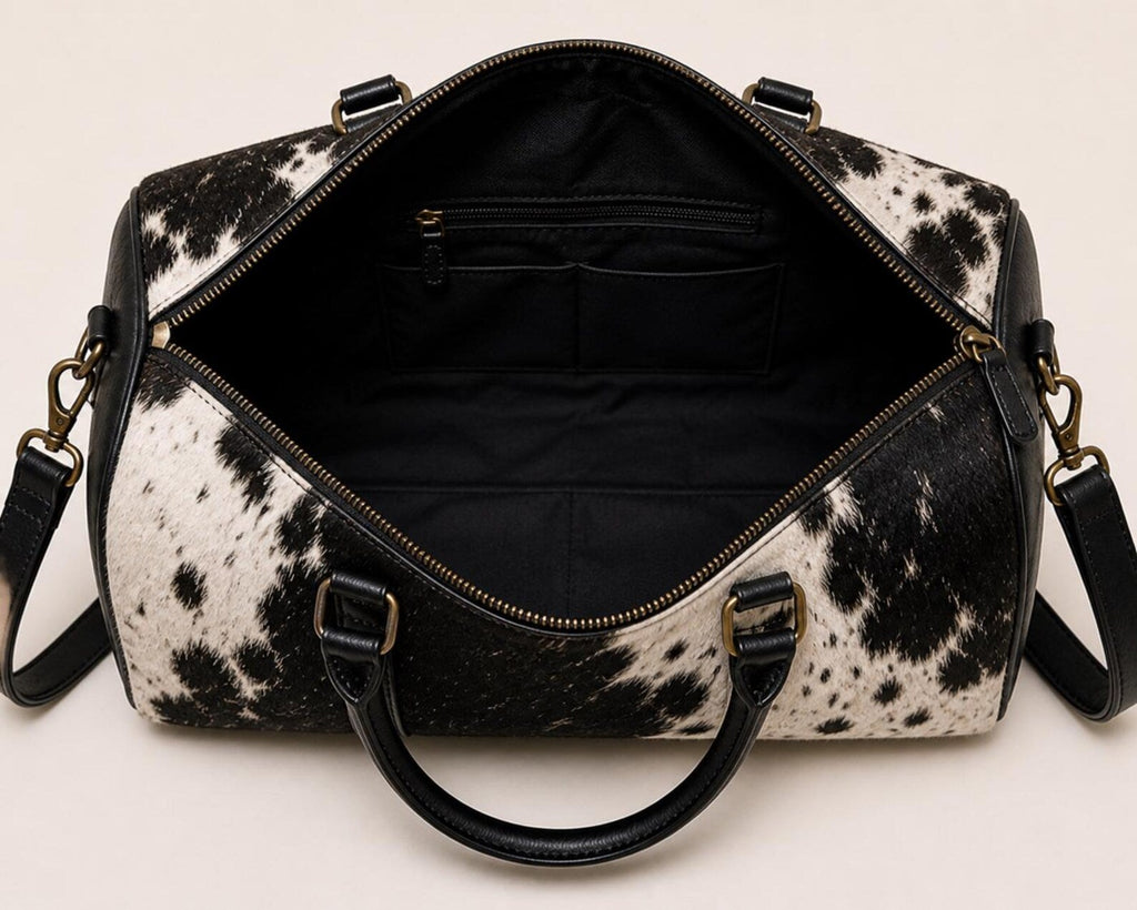 Handmade Cowhide Leather Duffle Bag – Hair On Hide Travel Weekender - The Leather Syndicate