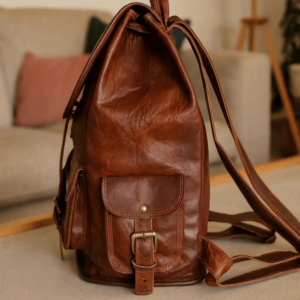 Handmade full grain cow leather backpack side view