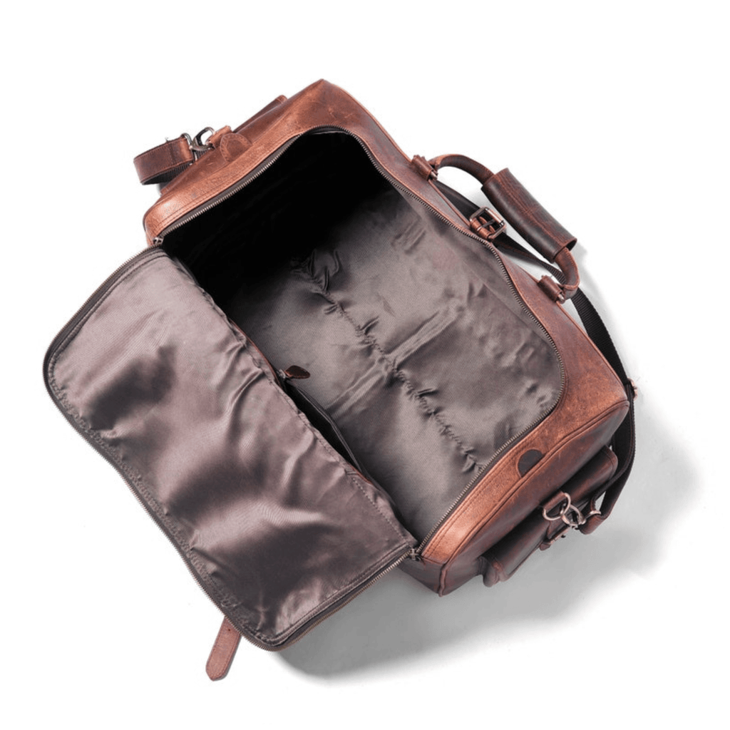 Handmade Full-Grain Leather Duffle Bag featuring spacious storage compartments