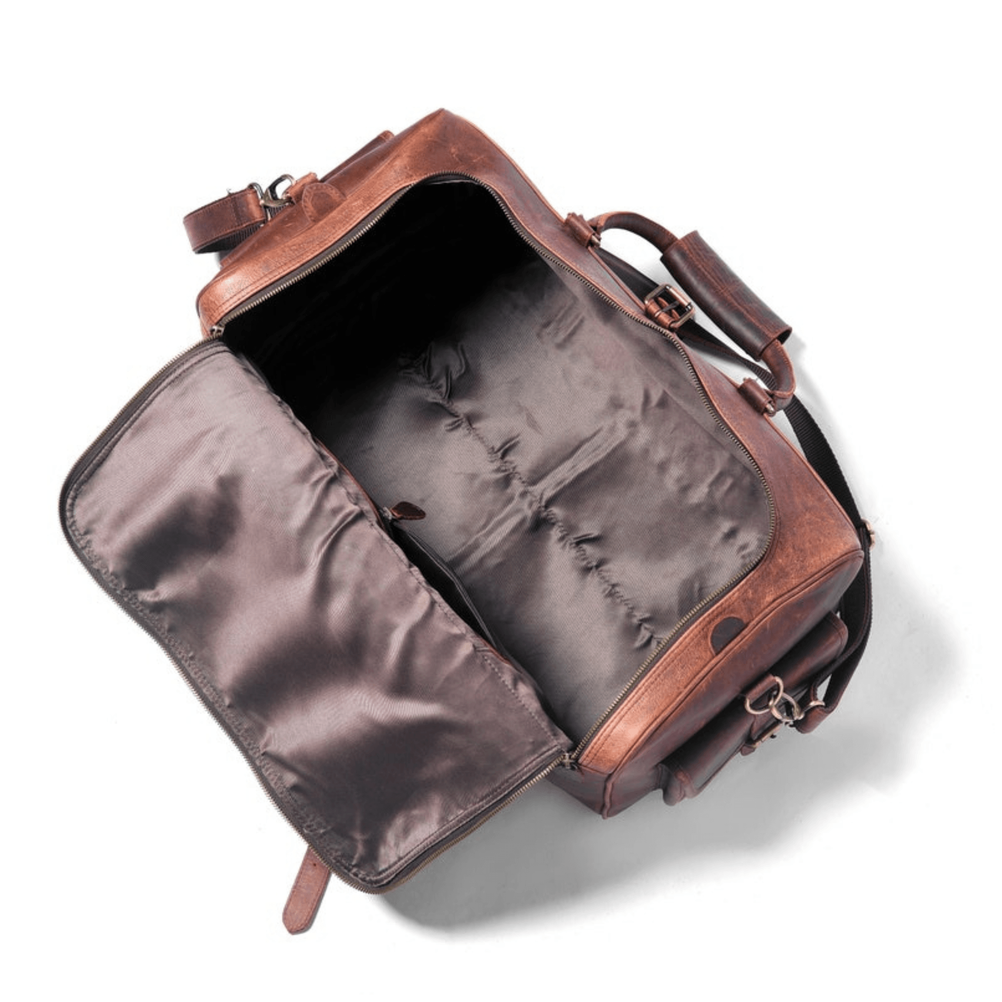 Handmade Full-Grain Leather Duffle Bag featuring spacious storage compartments