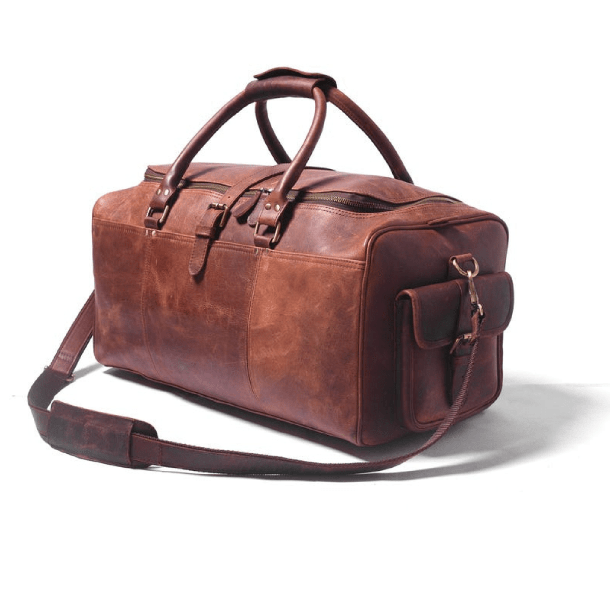 Handmade Full-Grain Leather Duffle Bag in vintage brown leather