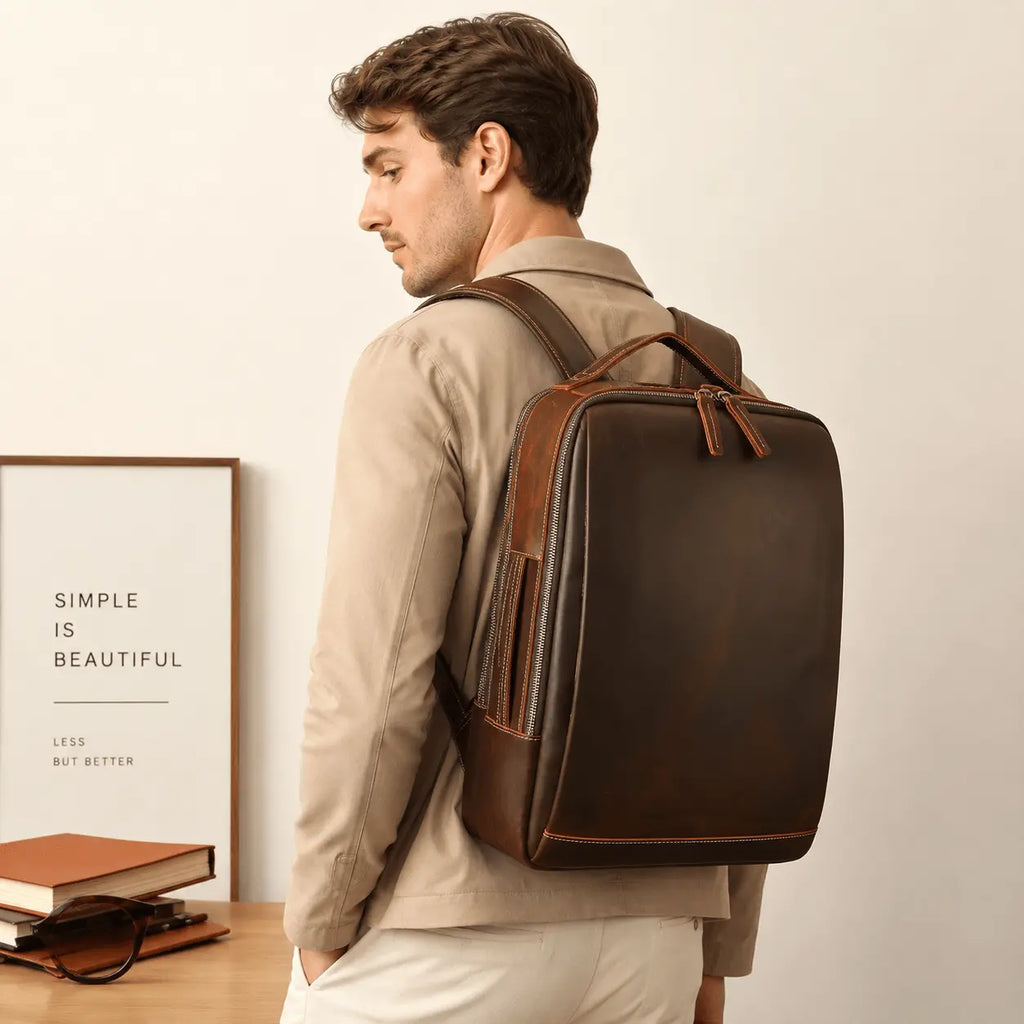 Handmade Genuine Leather Backpack model waring bag