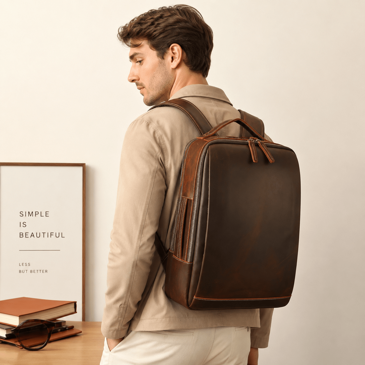 Handmade Genuine Leather Backpack model waring bag