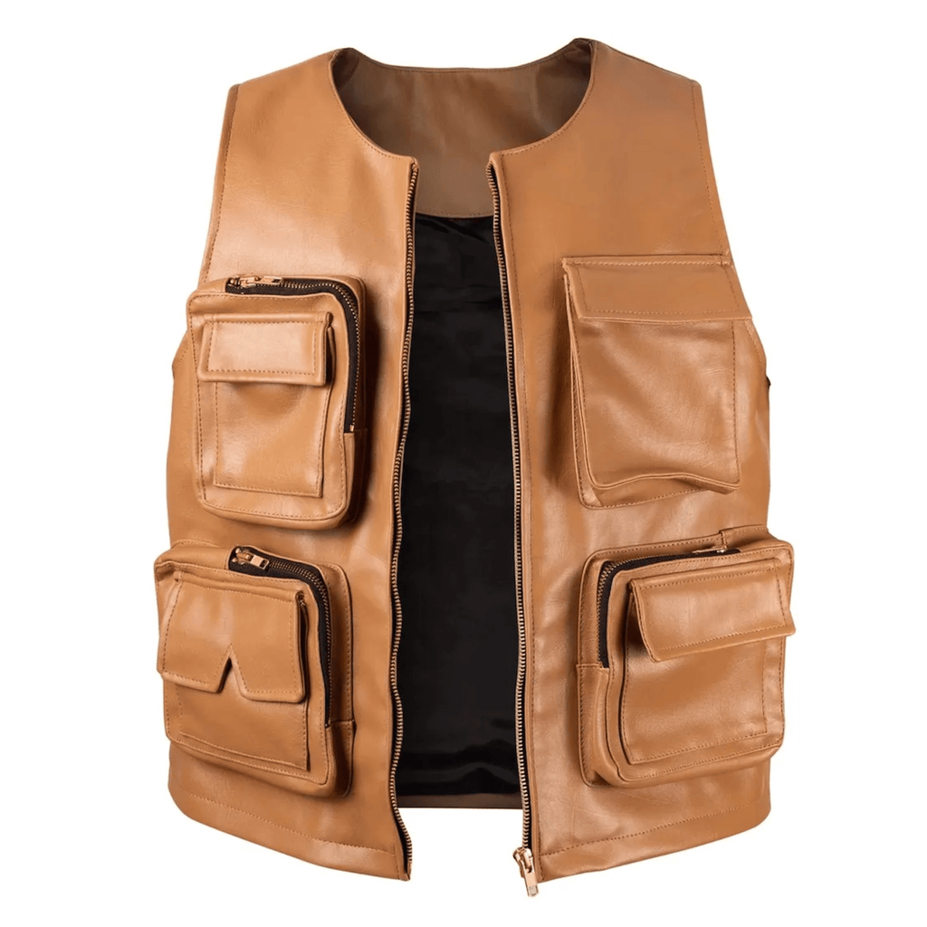 handmade leather hunting vest side view rugged outdoor design
