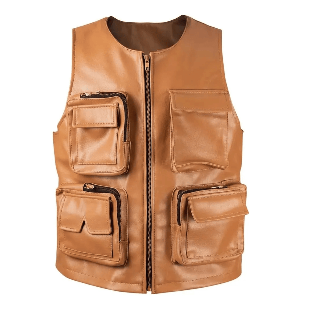 handmade leather hunting vest front view camel brown sheepskin