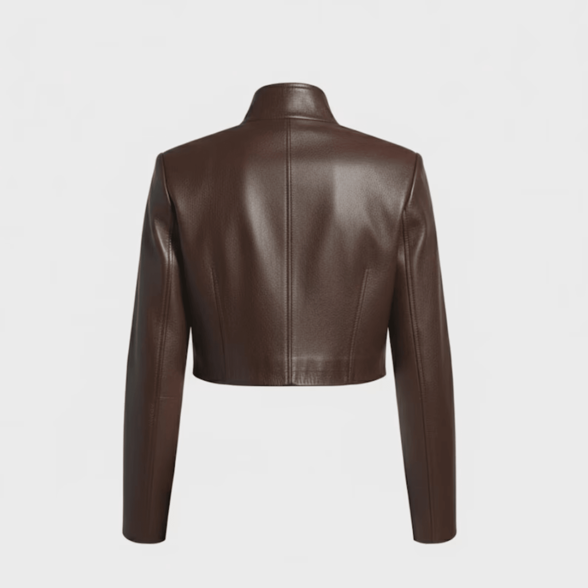 Womens Brown Cropped Leather Moto Jacket back view