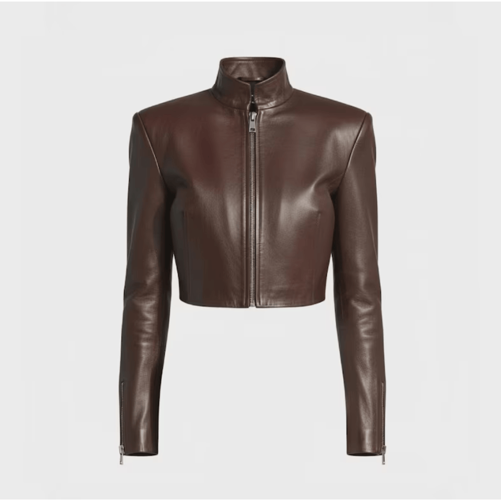 Womens Brown Cropped Leather Moto Jacket front view