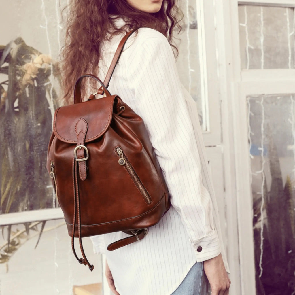 Italian Full Grain Leather Backpack model wearing bag