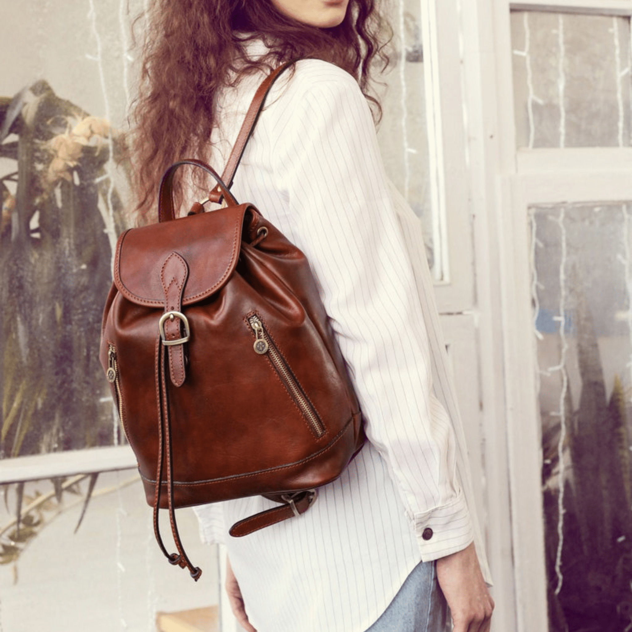 Italian Full Grain Leather Backpack model wearing bag