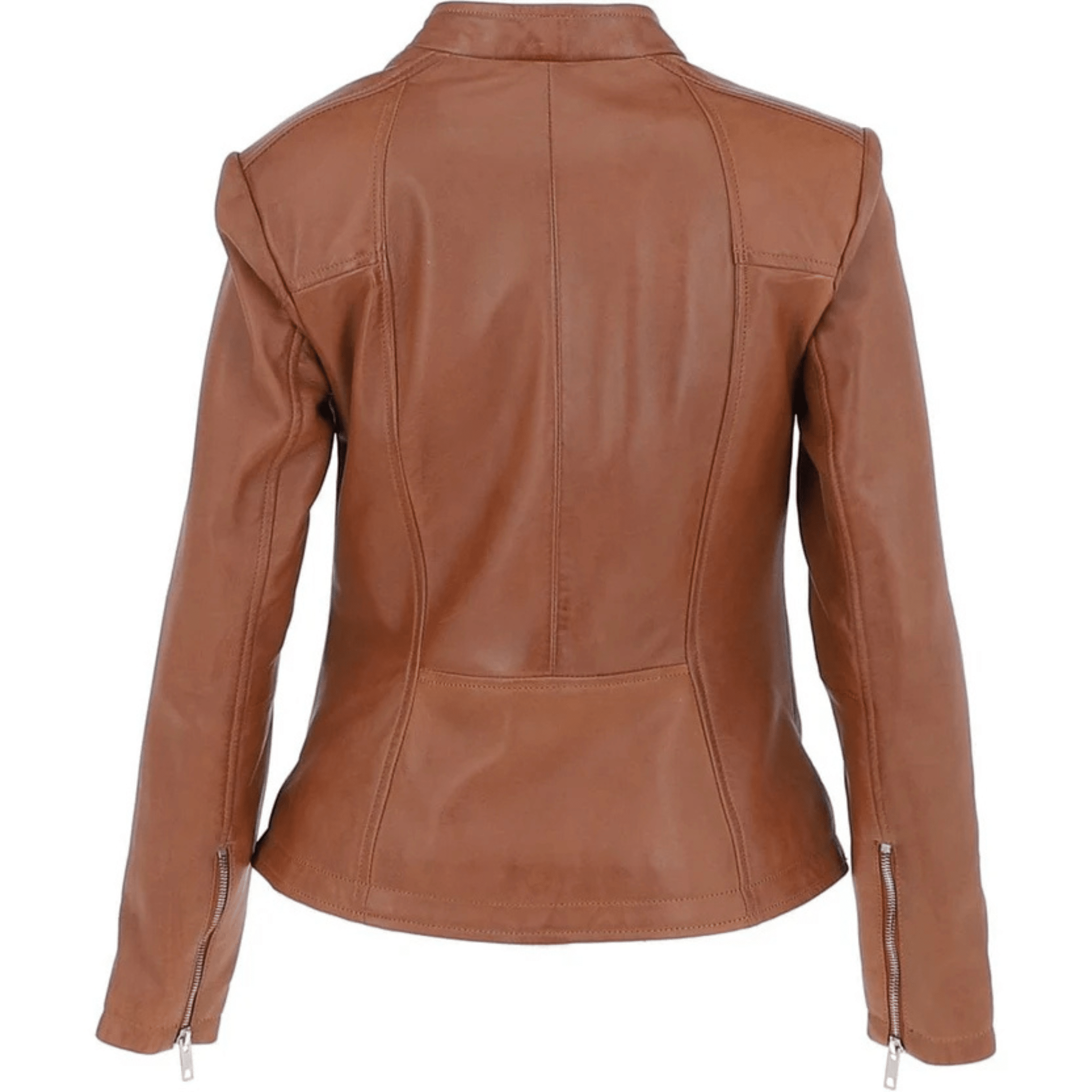 ladies tan leather moto jacket back view clean biker silhouette