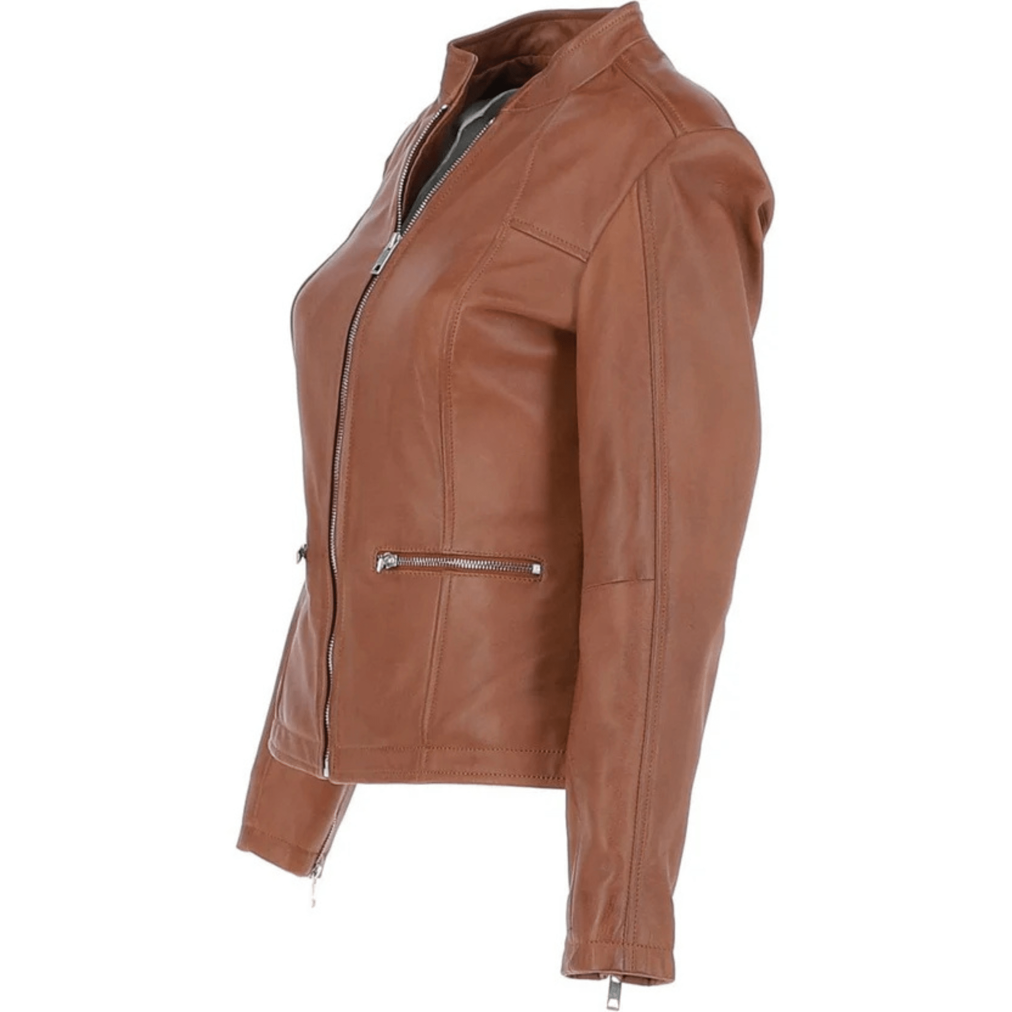 ladies tan leather moto jacket side view slim fit genuine sheepskin tailored silhouette stylish look