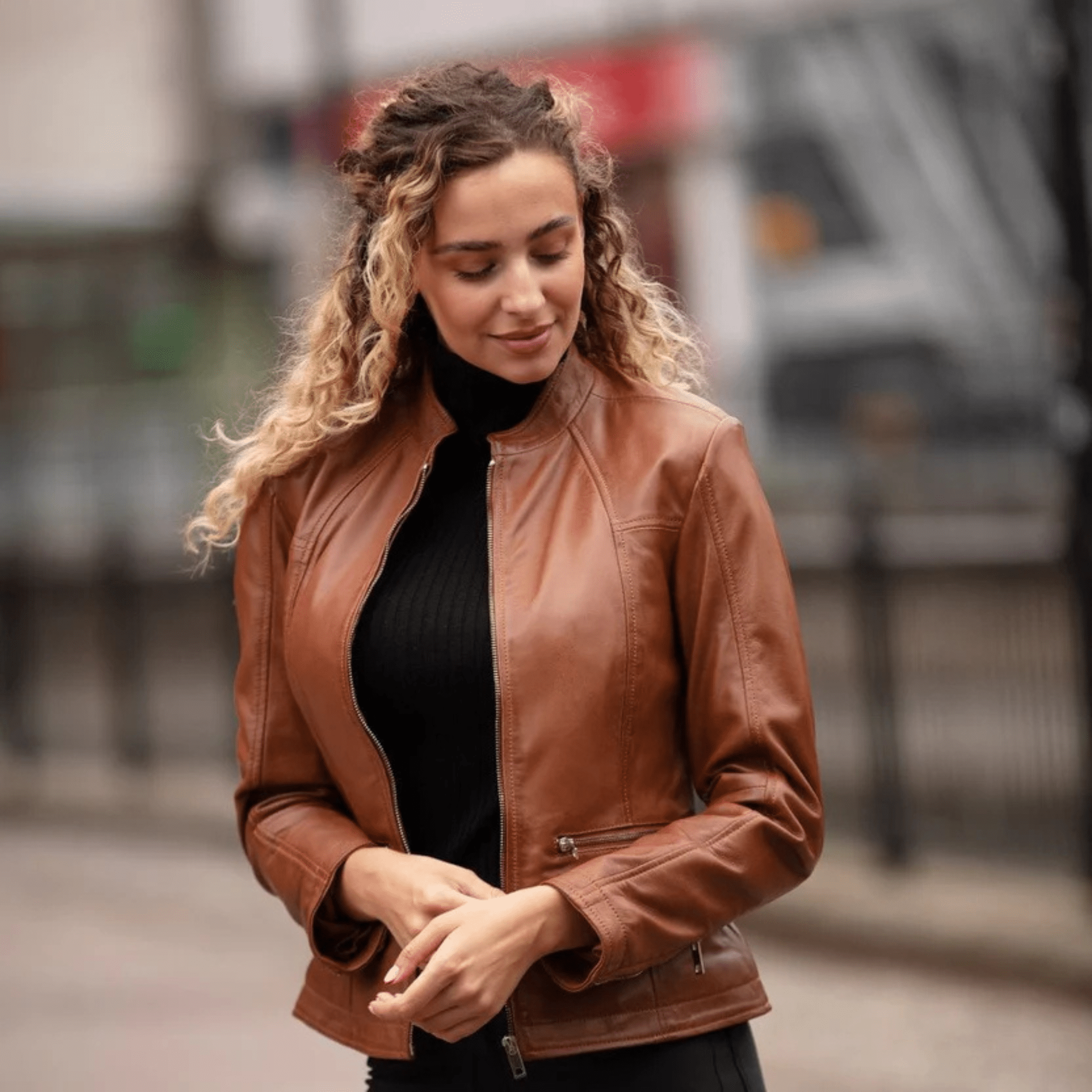 ladies tan leather jacket model wearing casual chic outfit street style