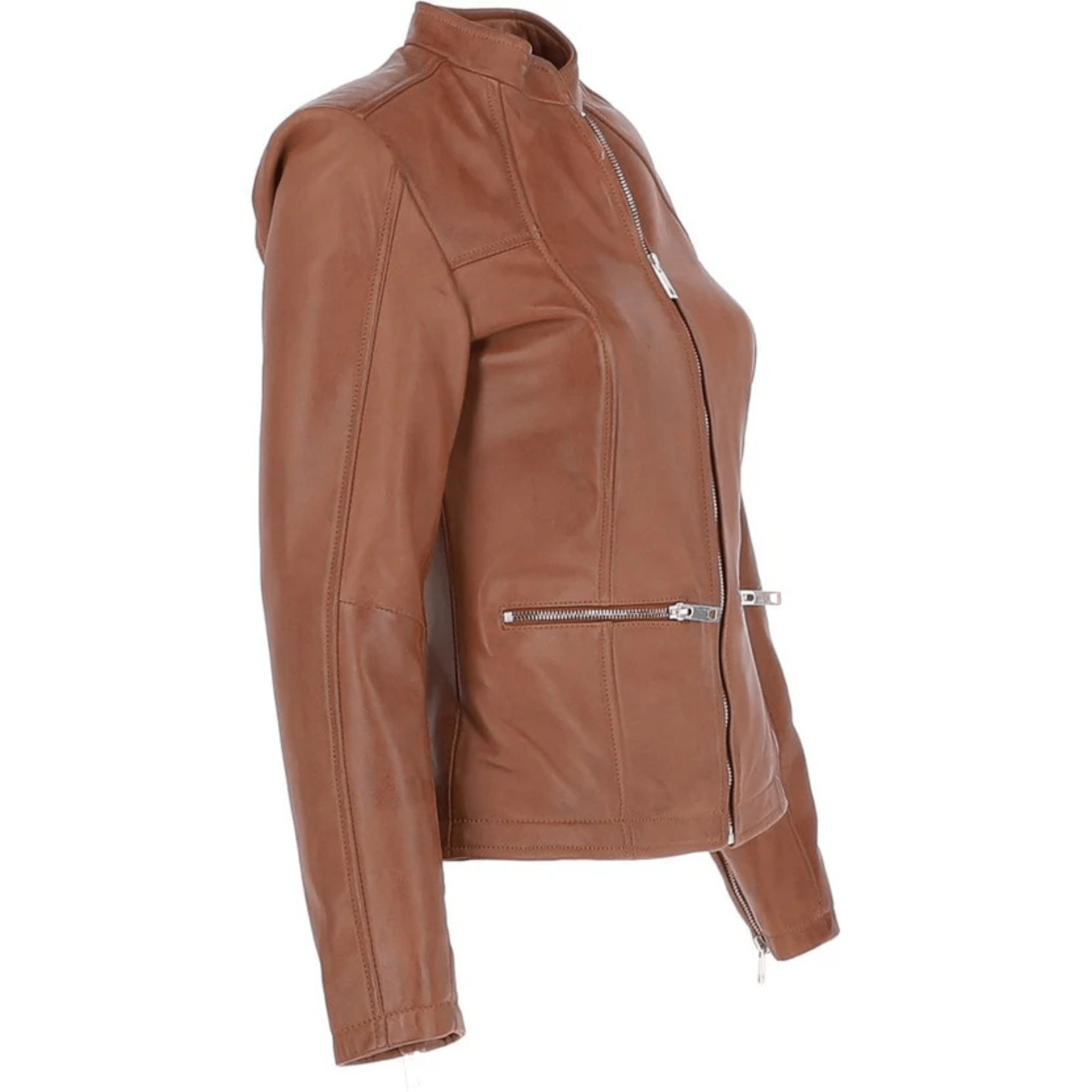 ladies tan leather moto jacket side profile view fitted biker style elegant silhouette genuine leather