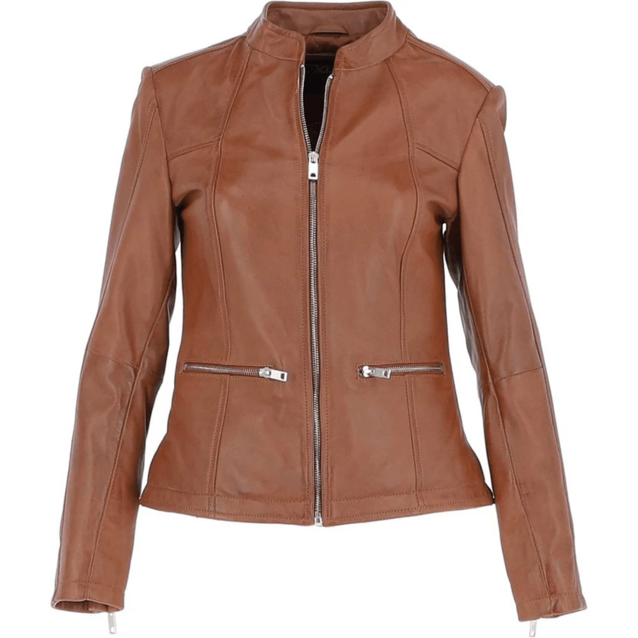 ladies tan leather moto jacket front view genuine sheepskin slim fit design