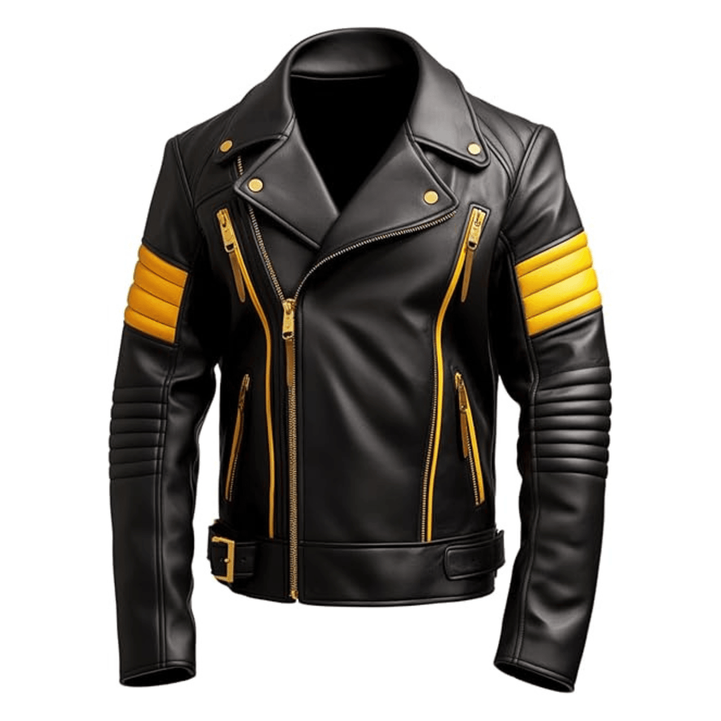 lambskin leather jacket mens black and yellow slim fit biker moto front view with asymmetric zipper design