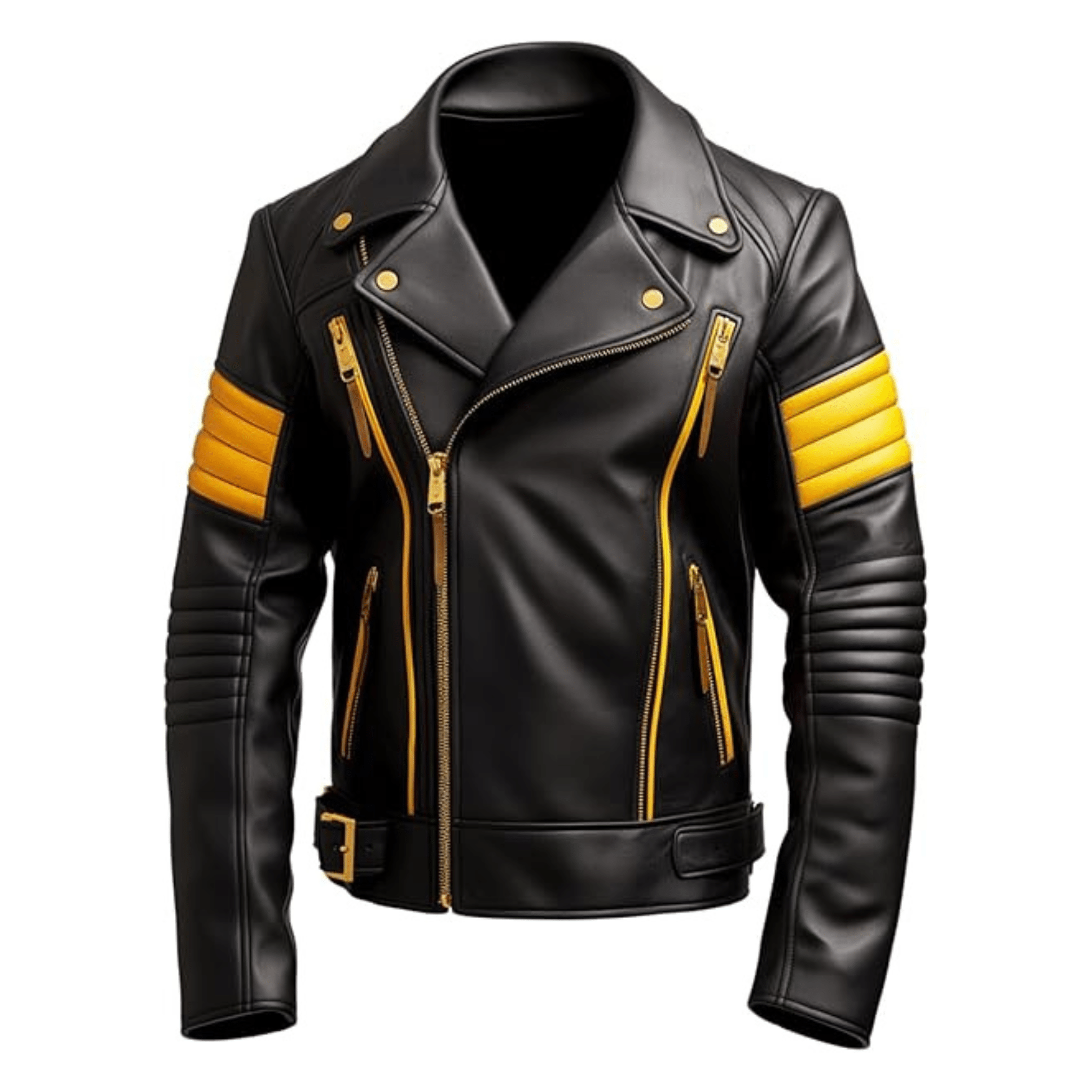 lambskin leather jacket mens black and yellow slim fit biker moto front view with asymmetric zipper design