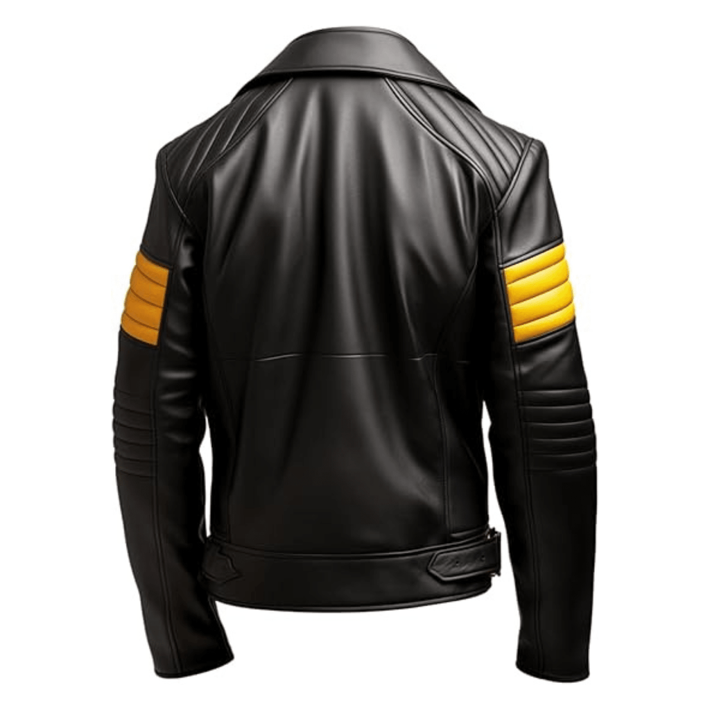 lambskin leather jacket mens black and yellow slim fit biker moto back view showing clean panel design