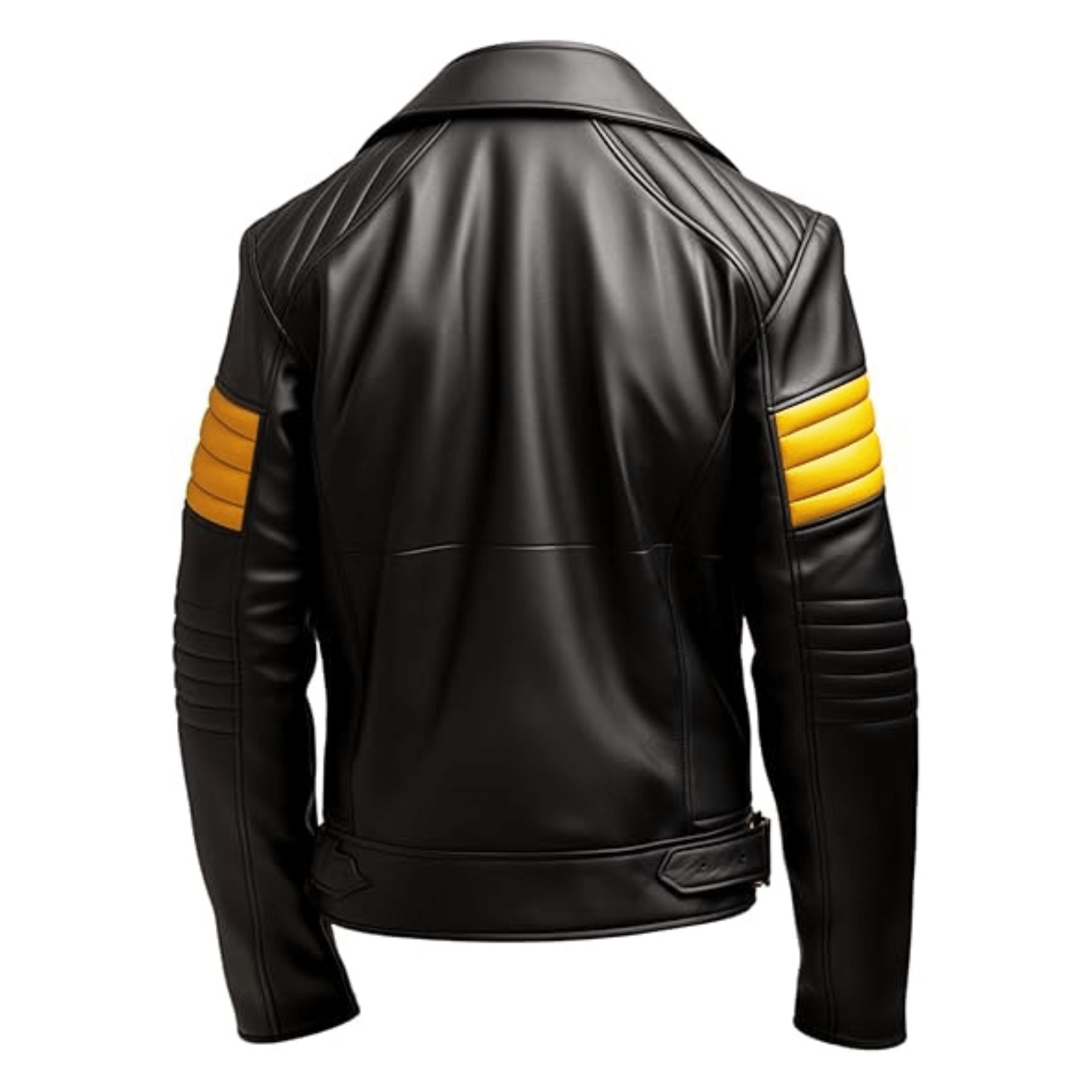 lambskin leather jacket mens black and yellow slim fit biker moto back view showing clean panel design