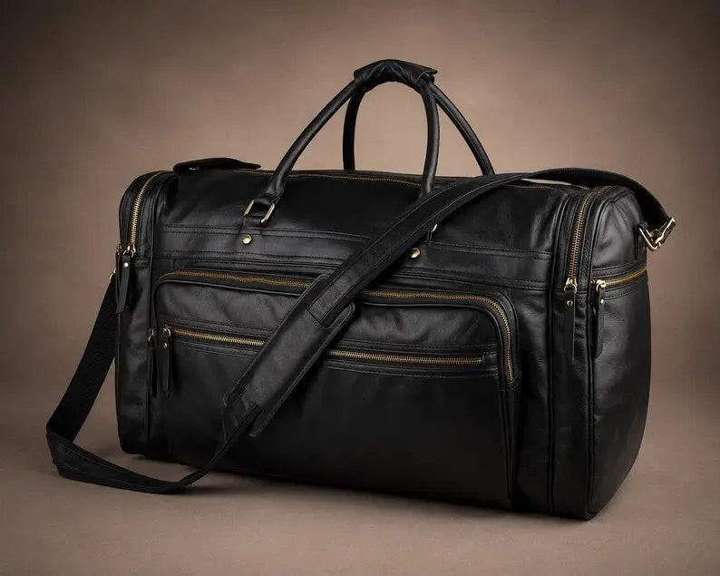 Luxury Black Leather Duffle Bag for Men front view