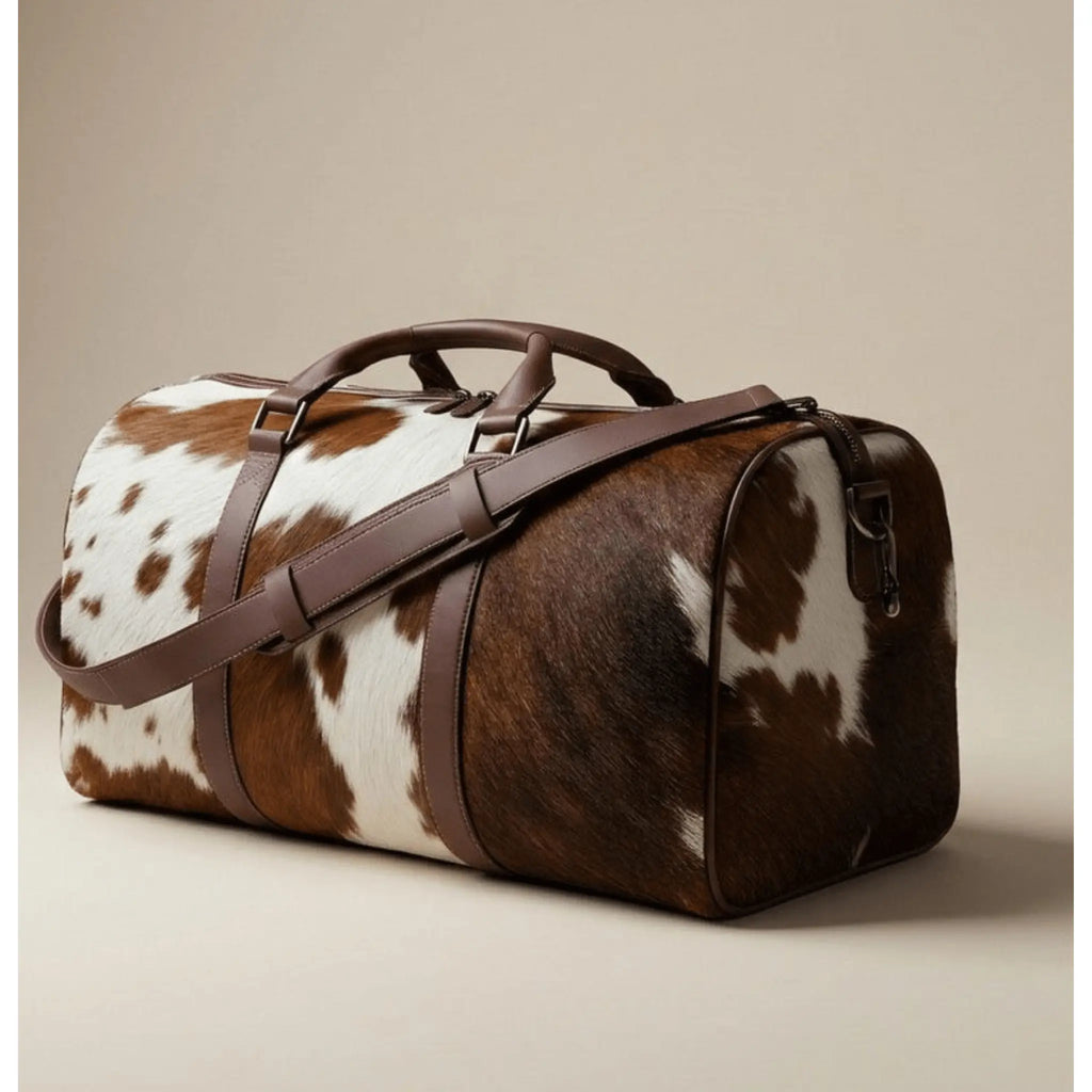 Side view of luxury hair-on cowhide leather duffel bag with premium craftsmanship