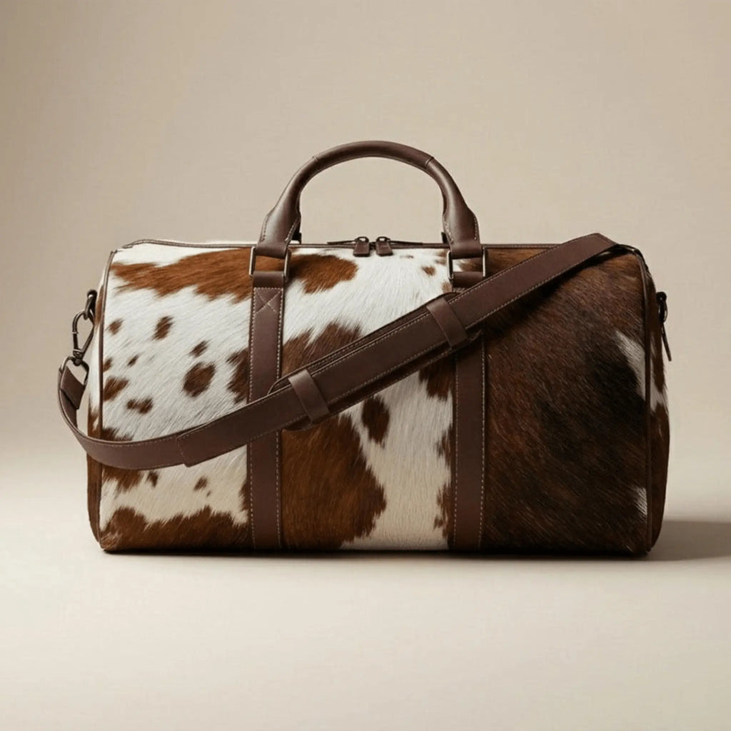 Front  view of luxury hair-on cowhide leather duffel bag with premium craftsmanship