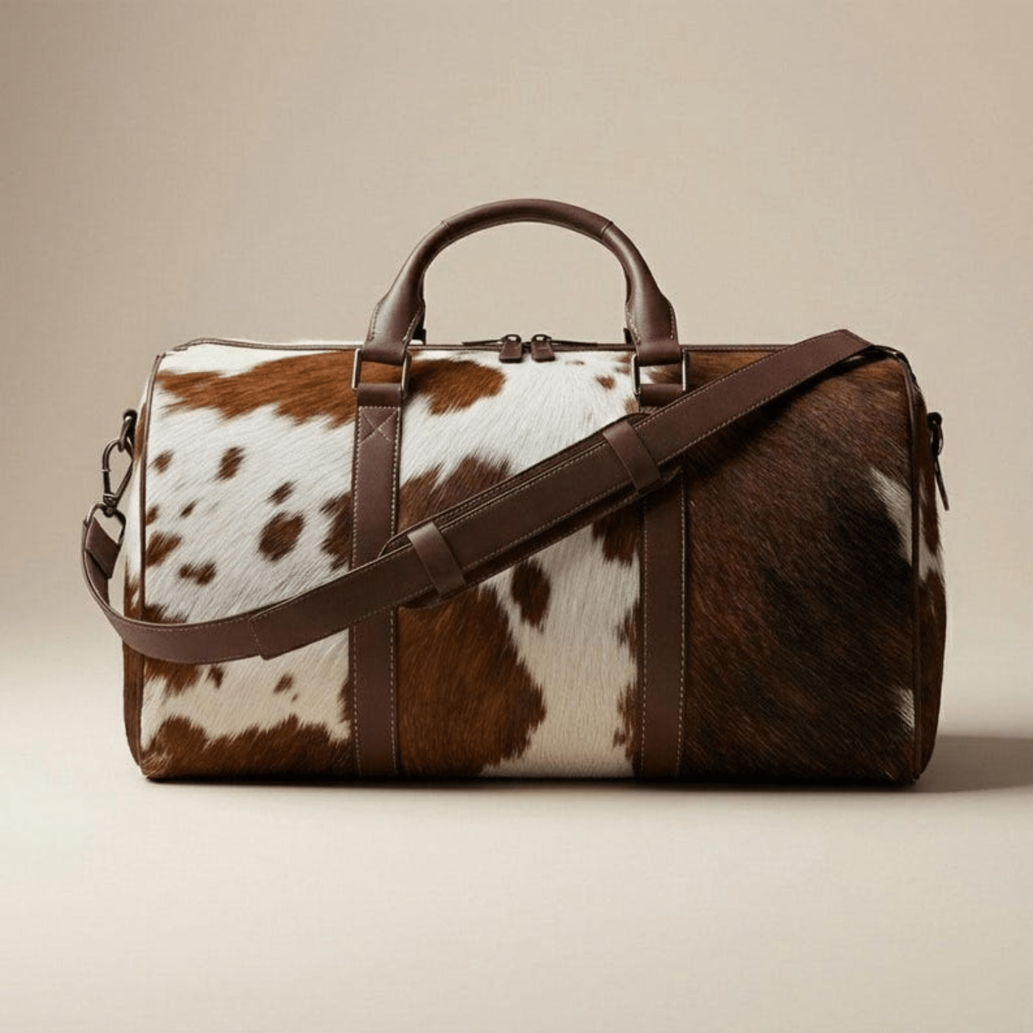 Front  view of luxury hair-on cowhide leather duffel bag with premium craftsmanship