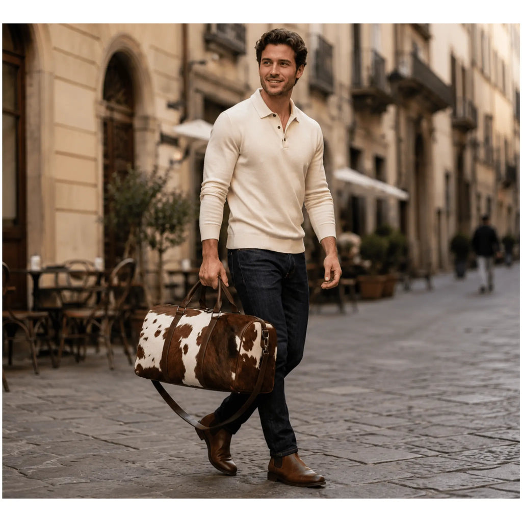Luxury Hair-On Cowhide Leather Duffel Bag handcrafted from genuine cowhide leather