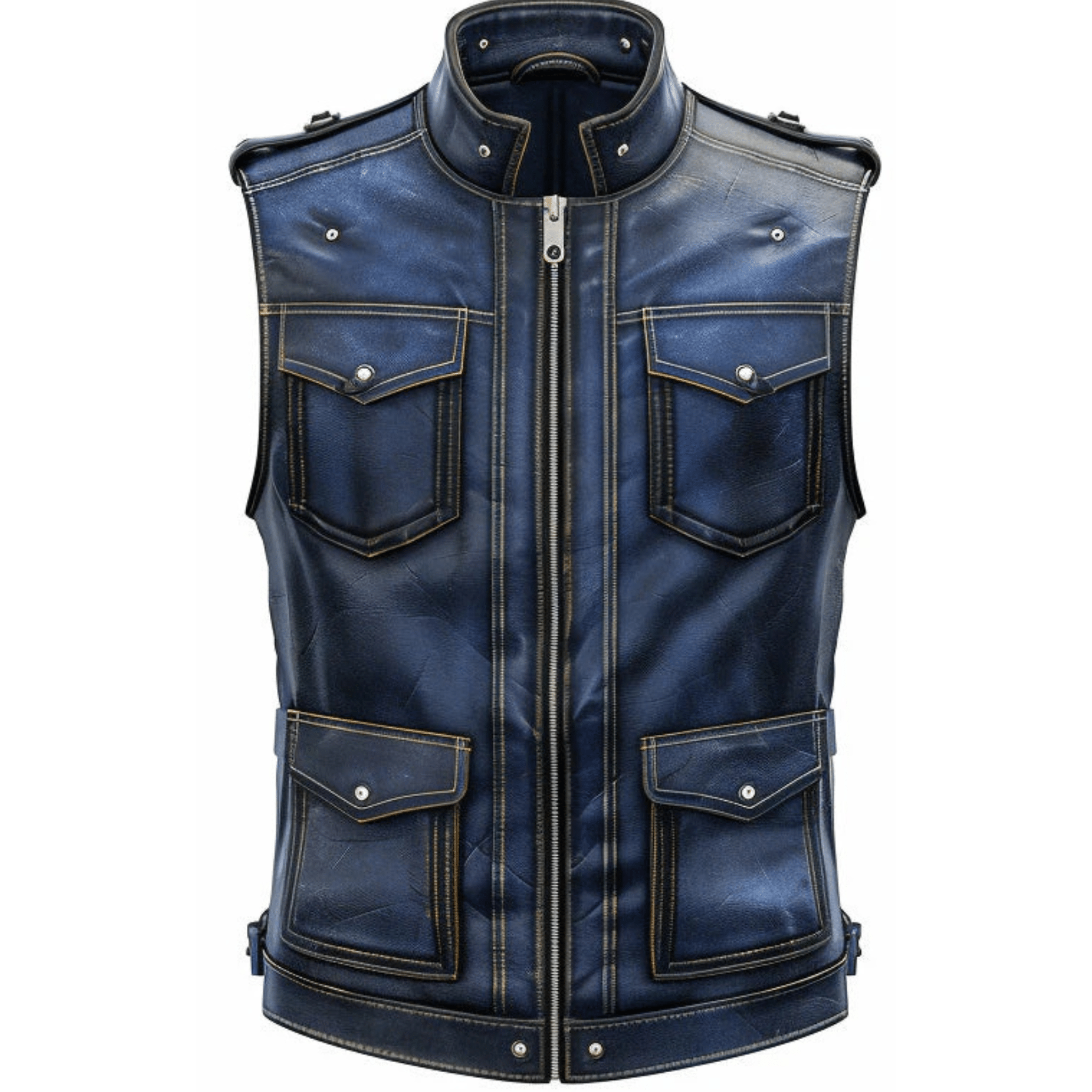 Men blue distressed leather vest genuine sheepskin leather front view