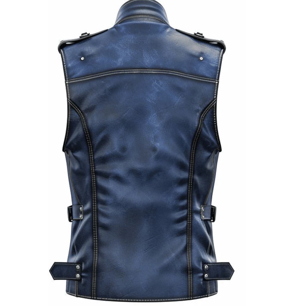 Men blue distressed leather vest back view vintage style leather design