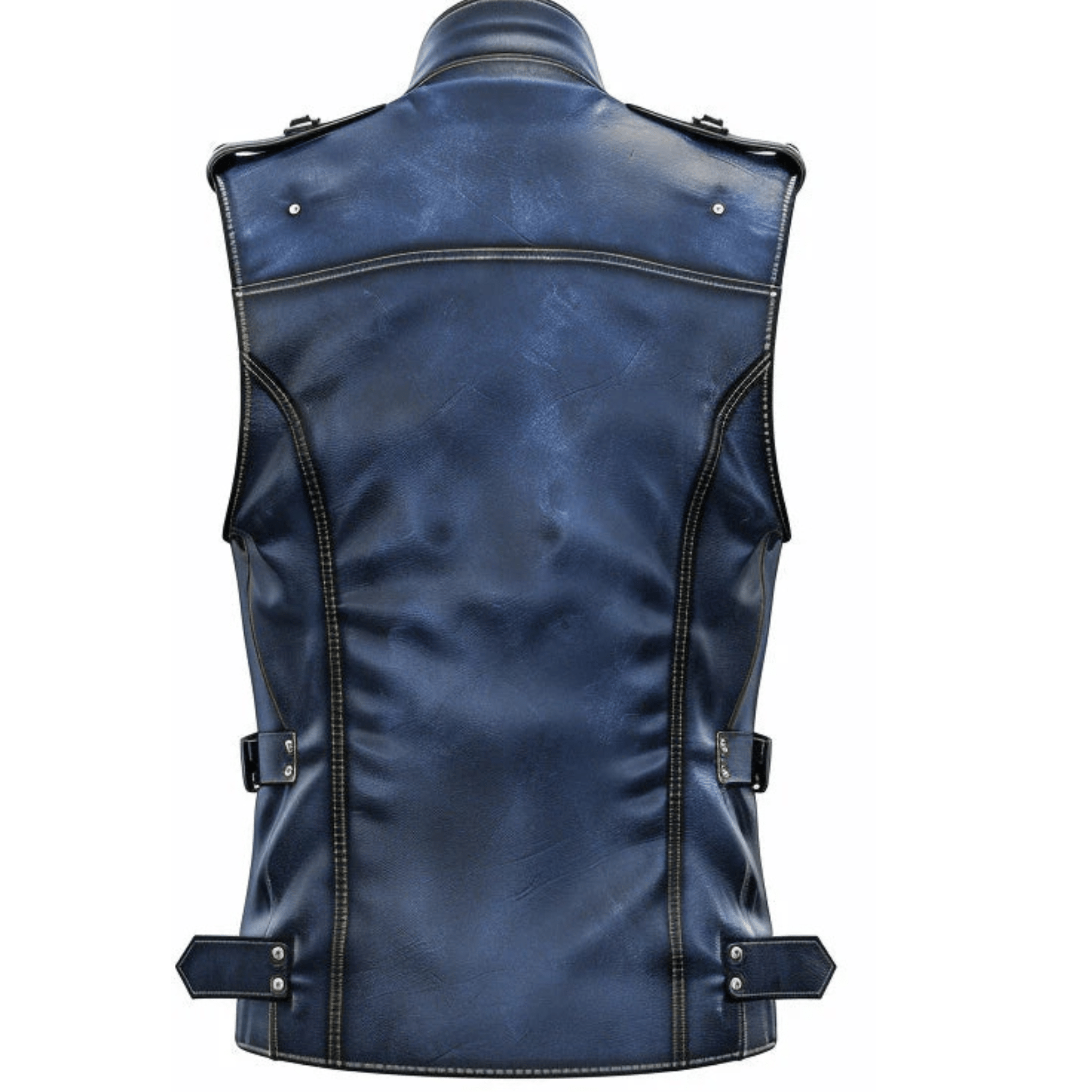 Men blue distressed leather vest back view vintage style leather design