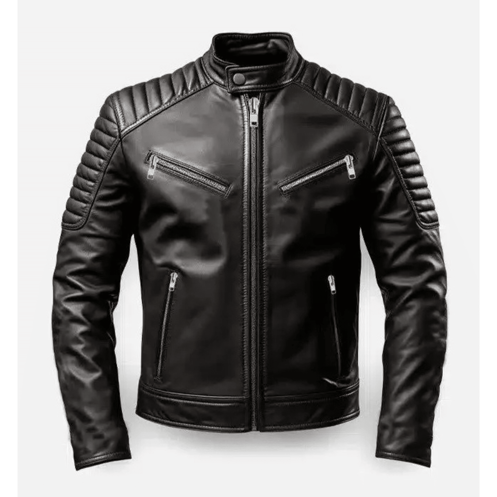 mens black cafe racer leather jacket sheepskin front view zipper closure