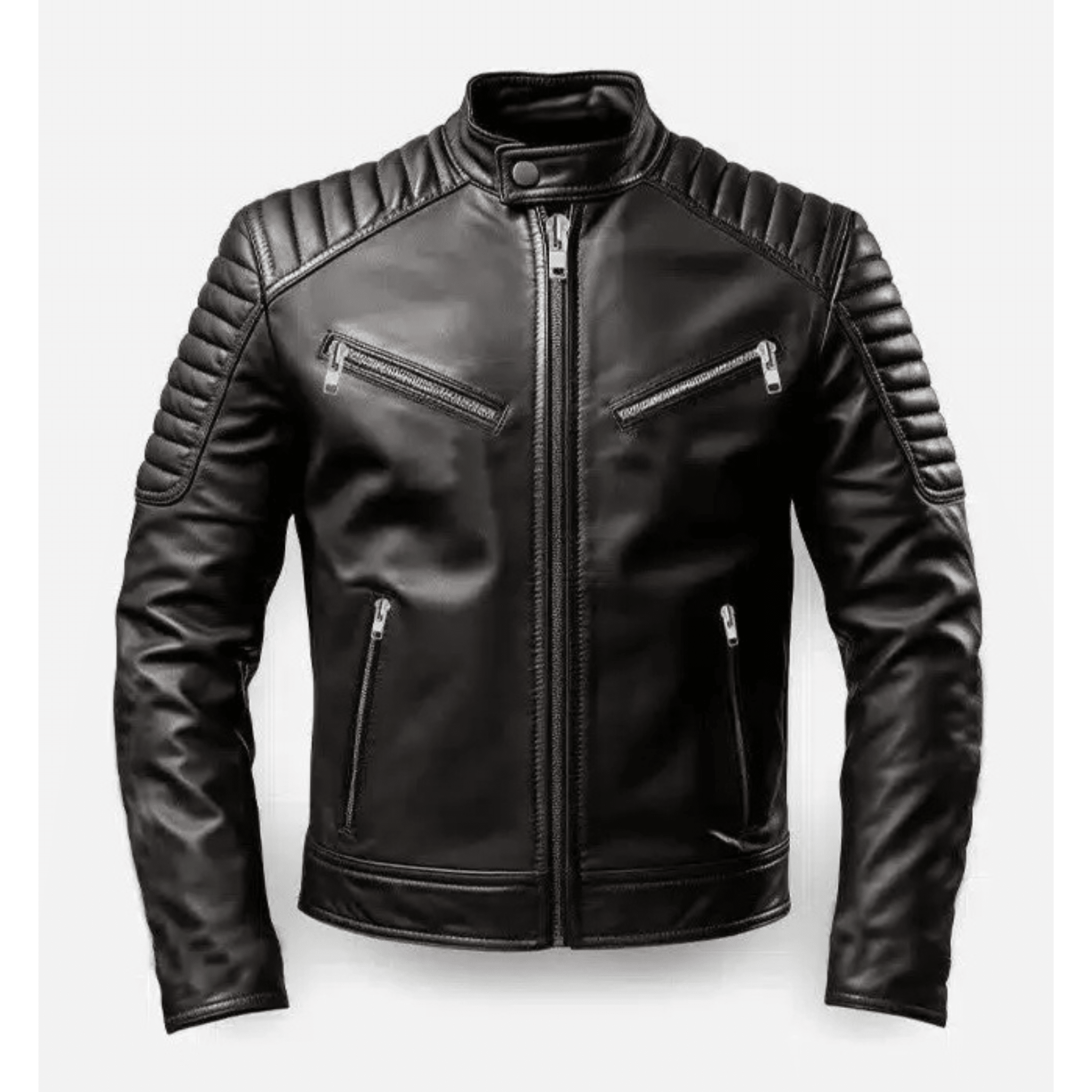 mens black cafe racer leather jacket sheepskin front view zipper closure