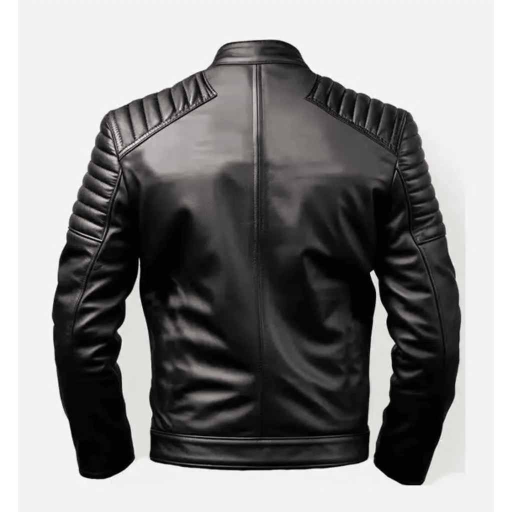 mens black cafe racer leather jacket back view clean minimal biker design