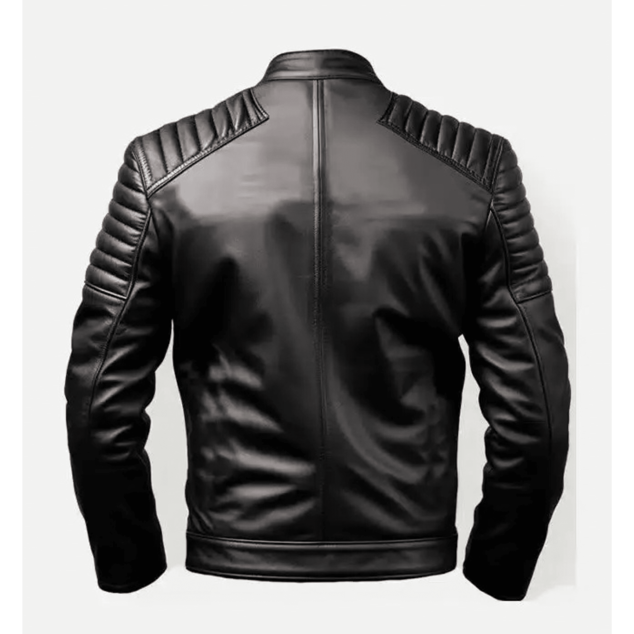 mens black cafe racer leather jacket back view clean minimal biker design