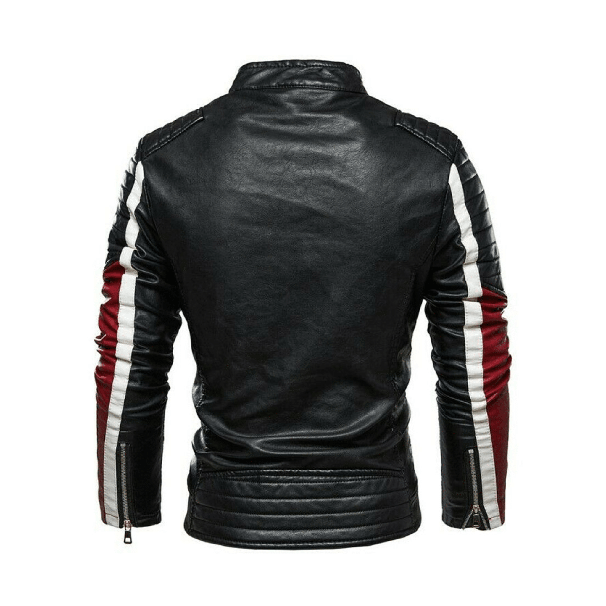 Men’s Black Leather Biker Jacket with Red and White Stripes | Genuine Sheepskin Slim Fit - The Leather Syndicate