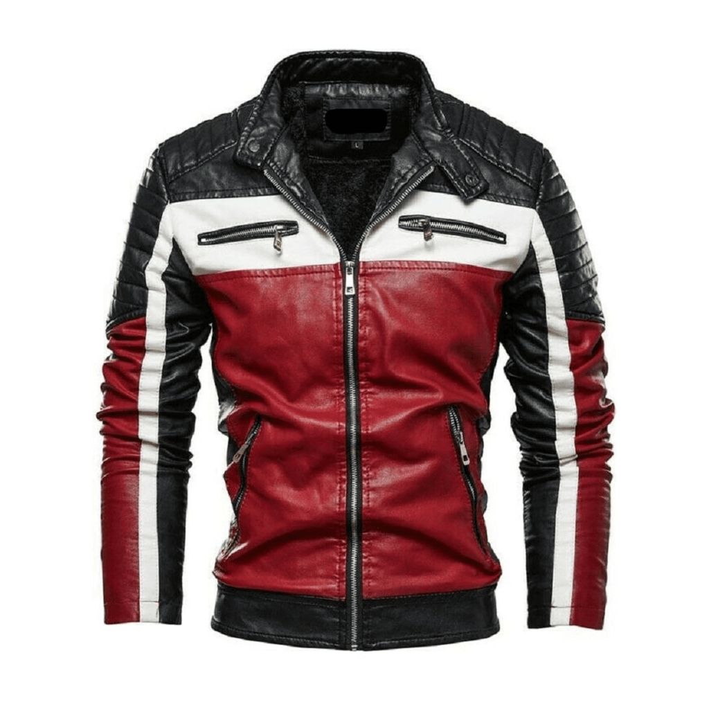 Men’s Black Leather Biker Jacket with Red and White Stripes | Genuine Sheepskin Slim Fit - The Leather Syndicate