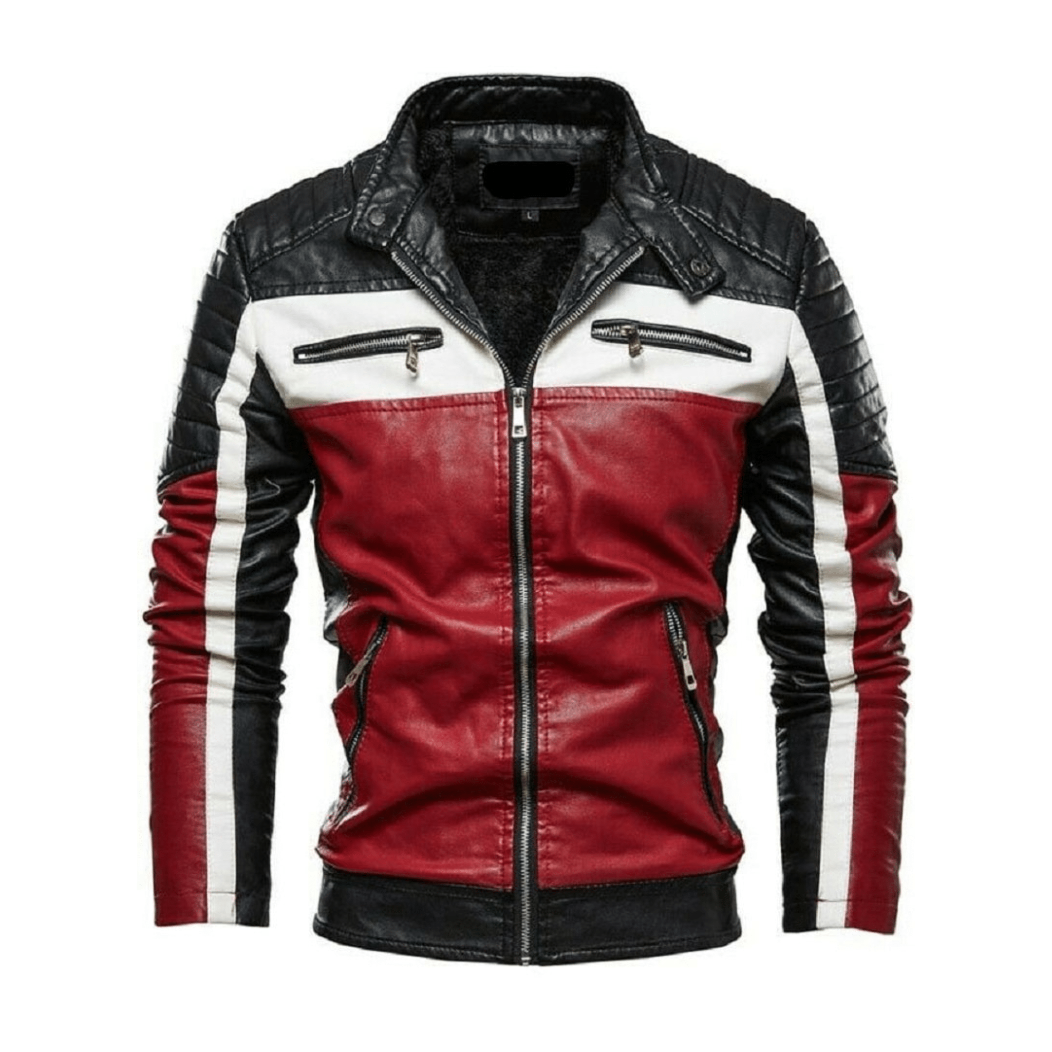 Men’s Black Leather Biker Jacket with Red and White Stripes | Genuine Sheepskin Slim Fit - The Leather Syndicate
