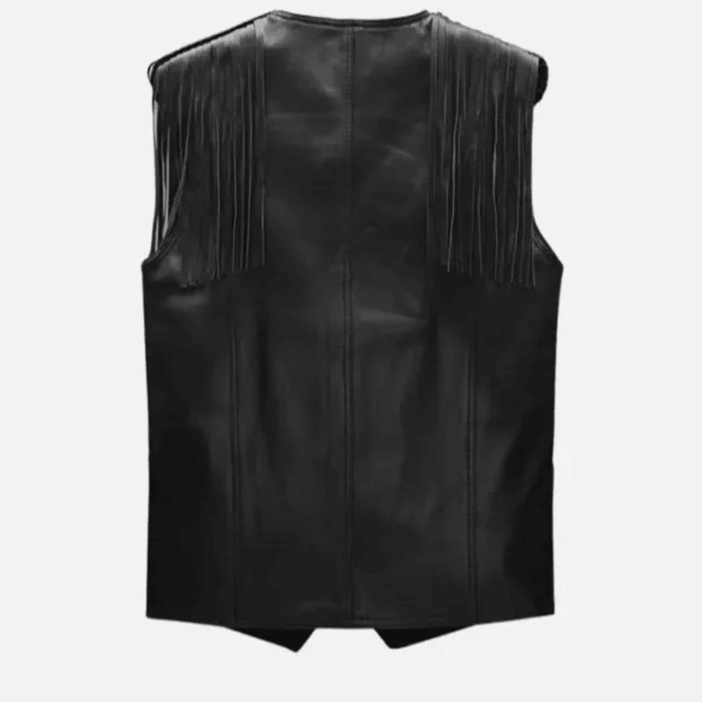 Mens Black Leather Biker Vest Genuine Sheepskin Back View