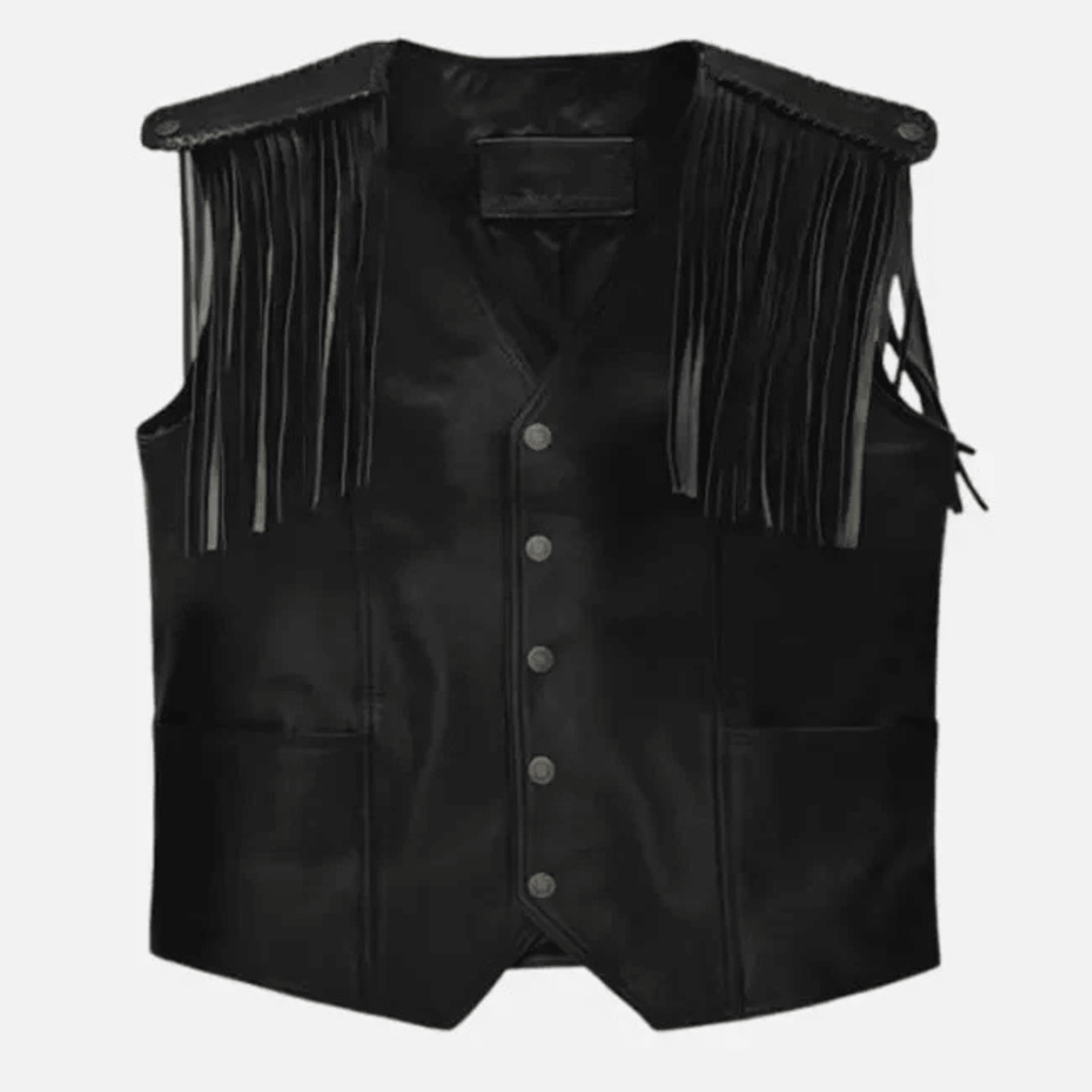 Mens Black Leather Biker Vest Genuine Sheepskin Front View