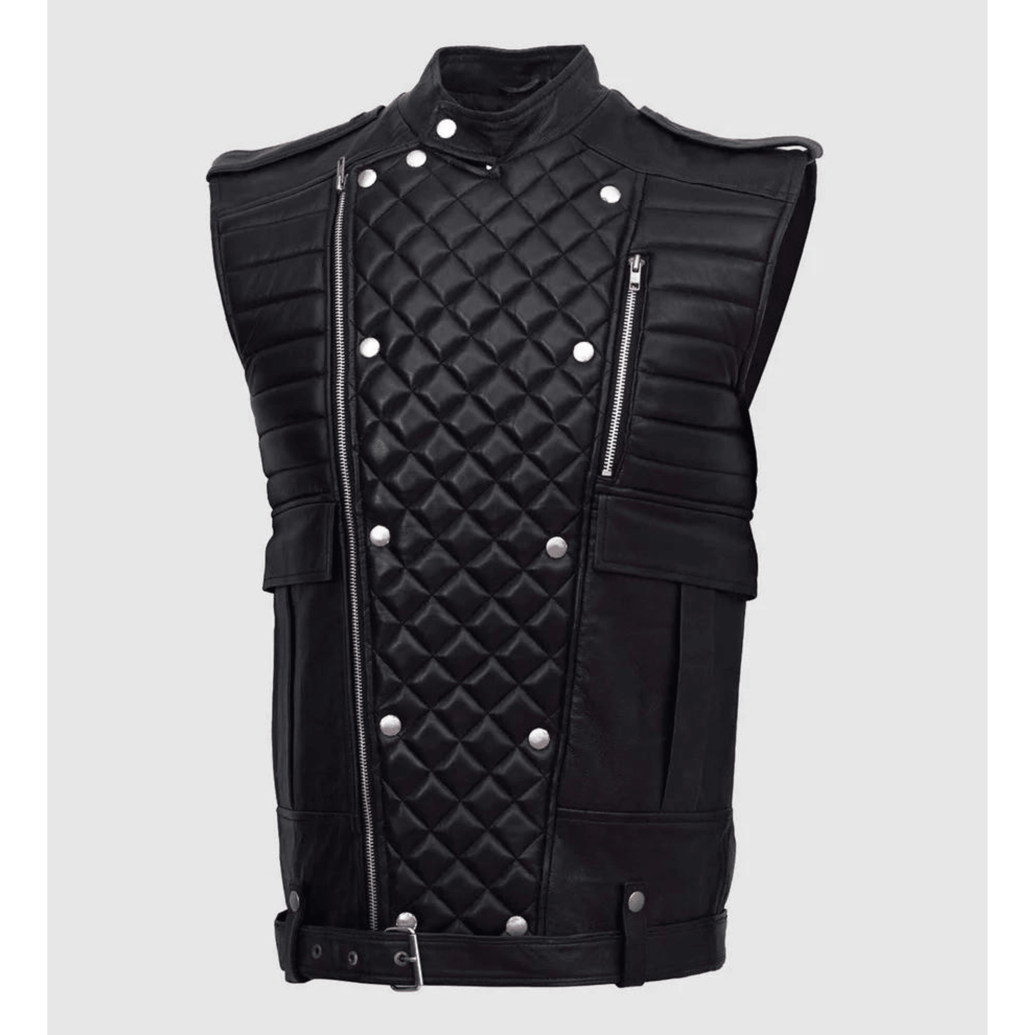 Men’s black leather motorcycle vest front view genuine sheepskin biker vest with zipper closure