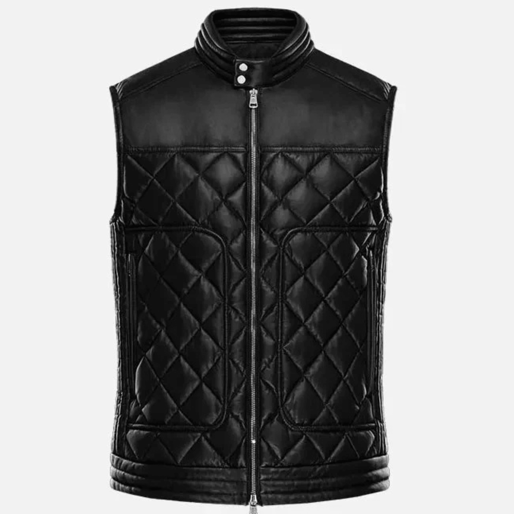 mens black quilted leather motorcycle vest front view genuine sheepskin biker style
