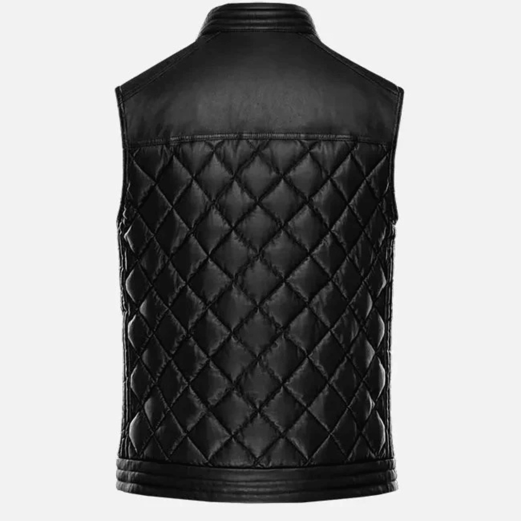 mens black leather vest back view quilted motorcycle design