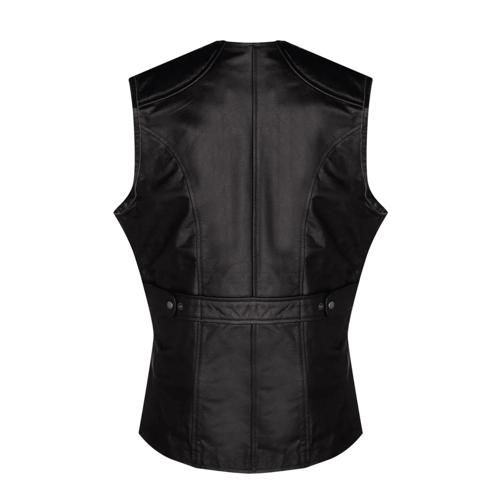 mens black quilted leather vest back view