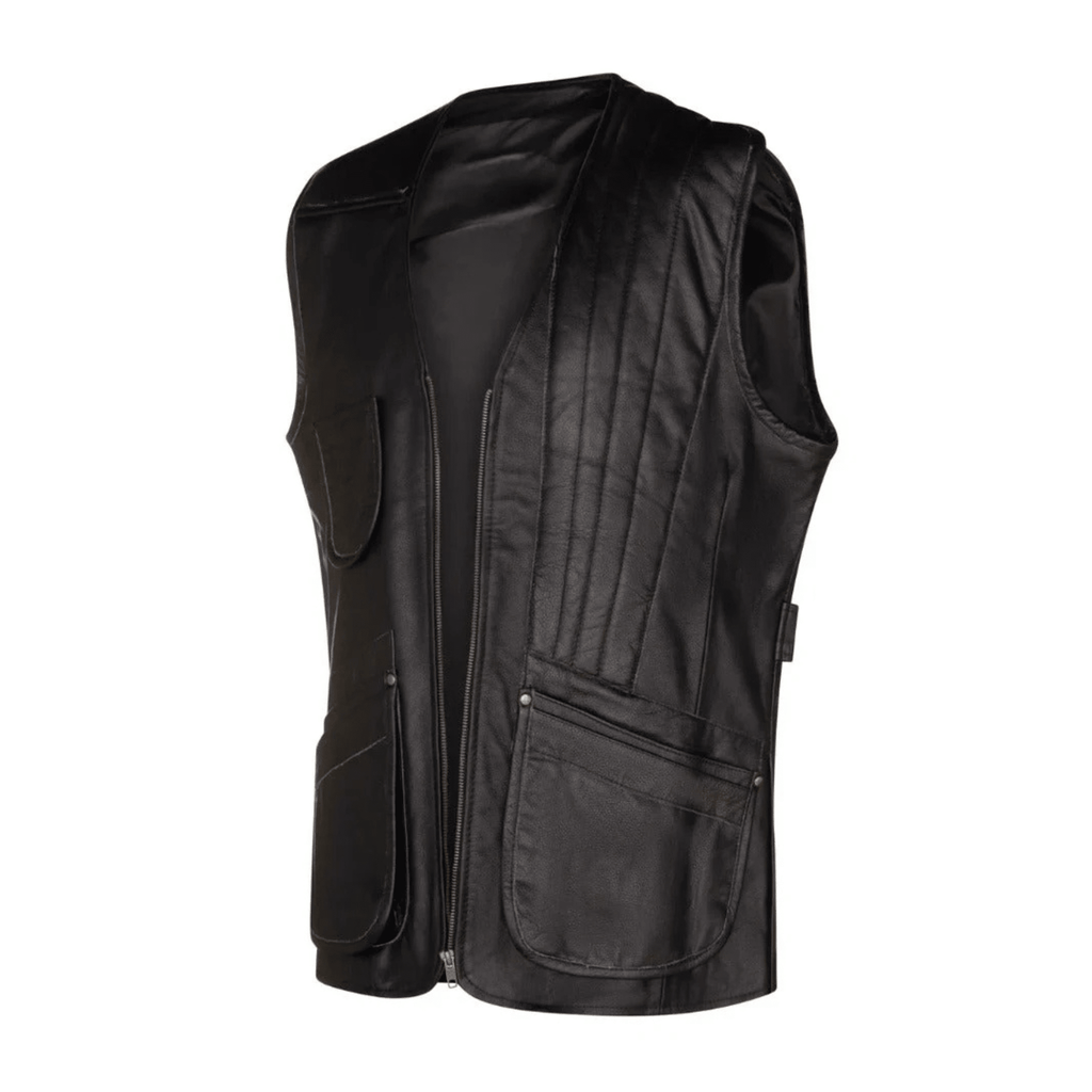 mens black quilted leather vest front view