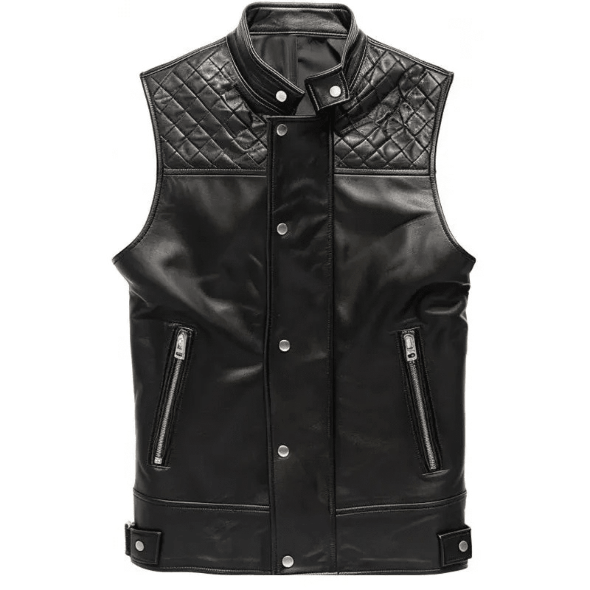 mens black quilted leather vest front view genuine sheepskin biker style