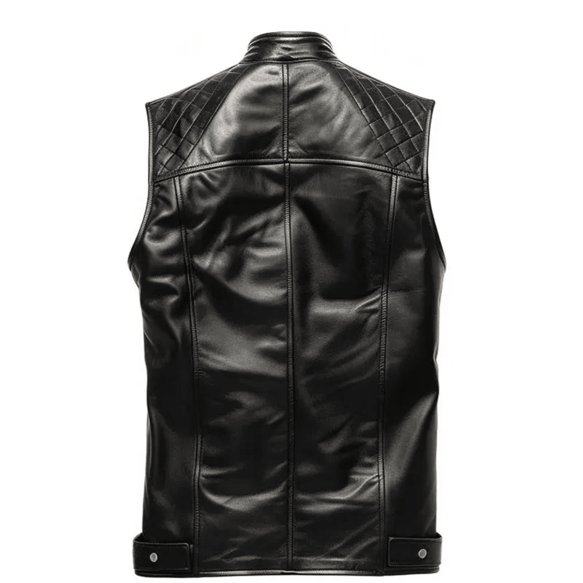 mens black quilted leather vest back view classic biker design
