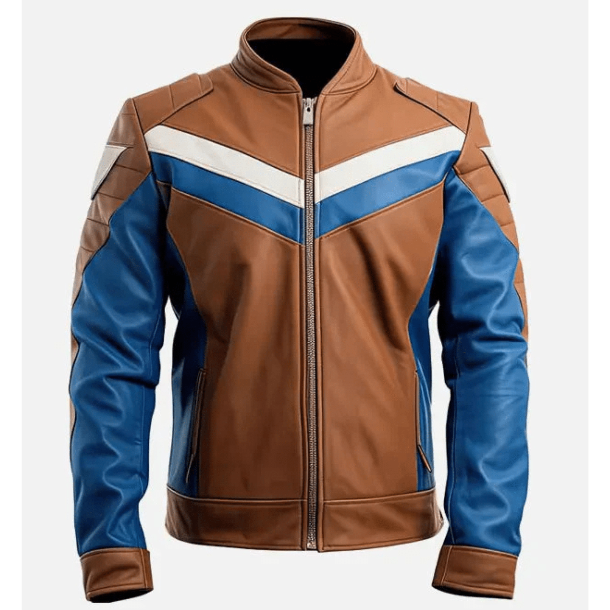 mens sapphire blue brown cafe racer leather jacket front view