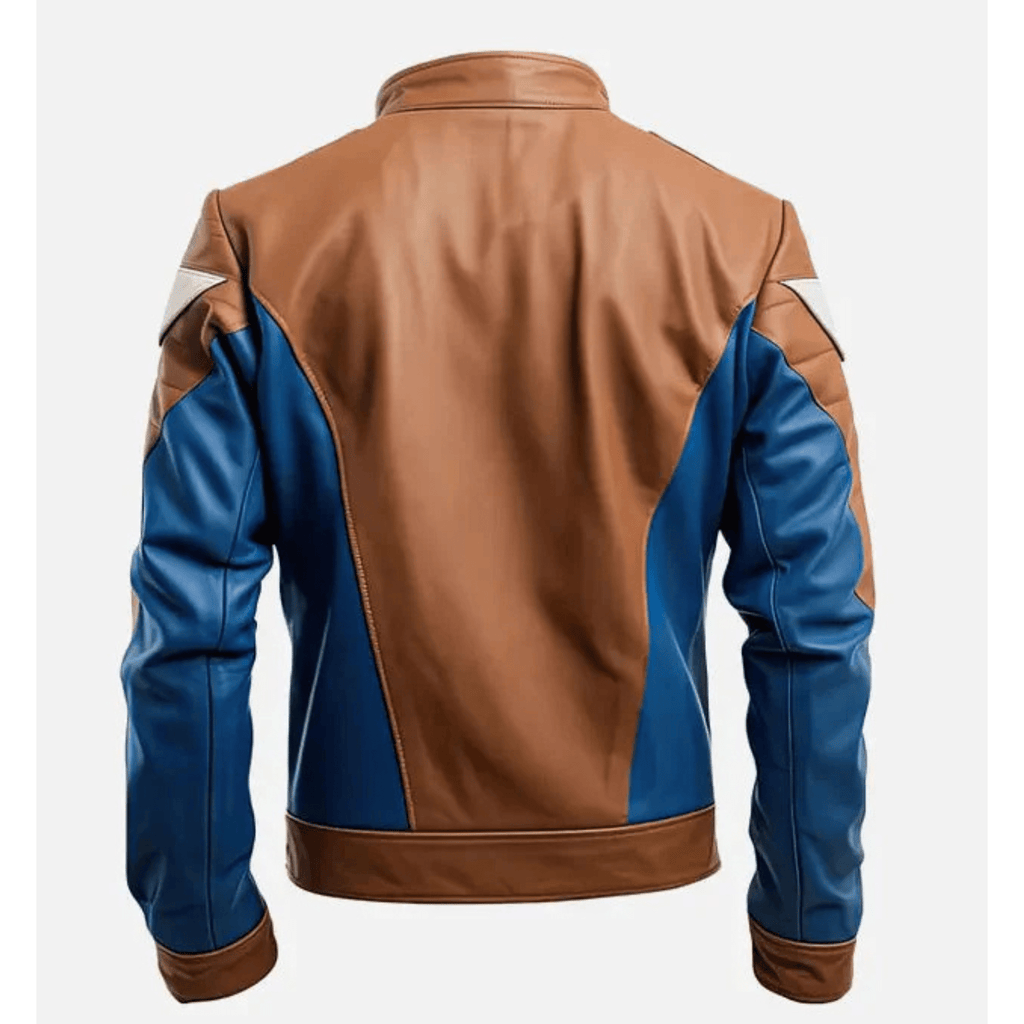 mens sapphire blue brown cafe racer leather jacket back view